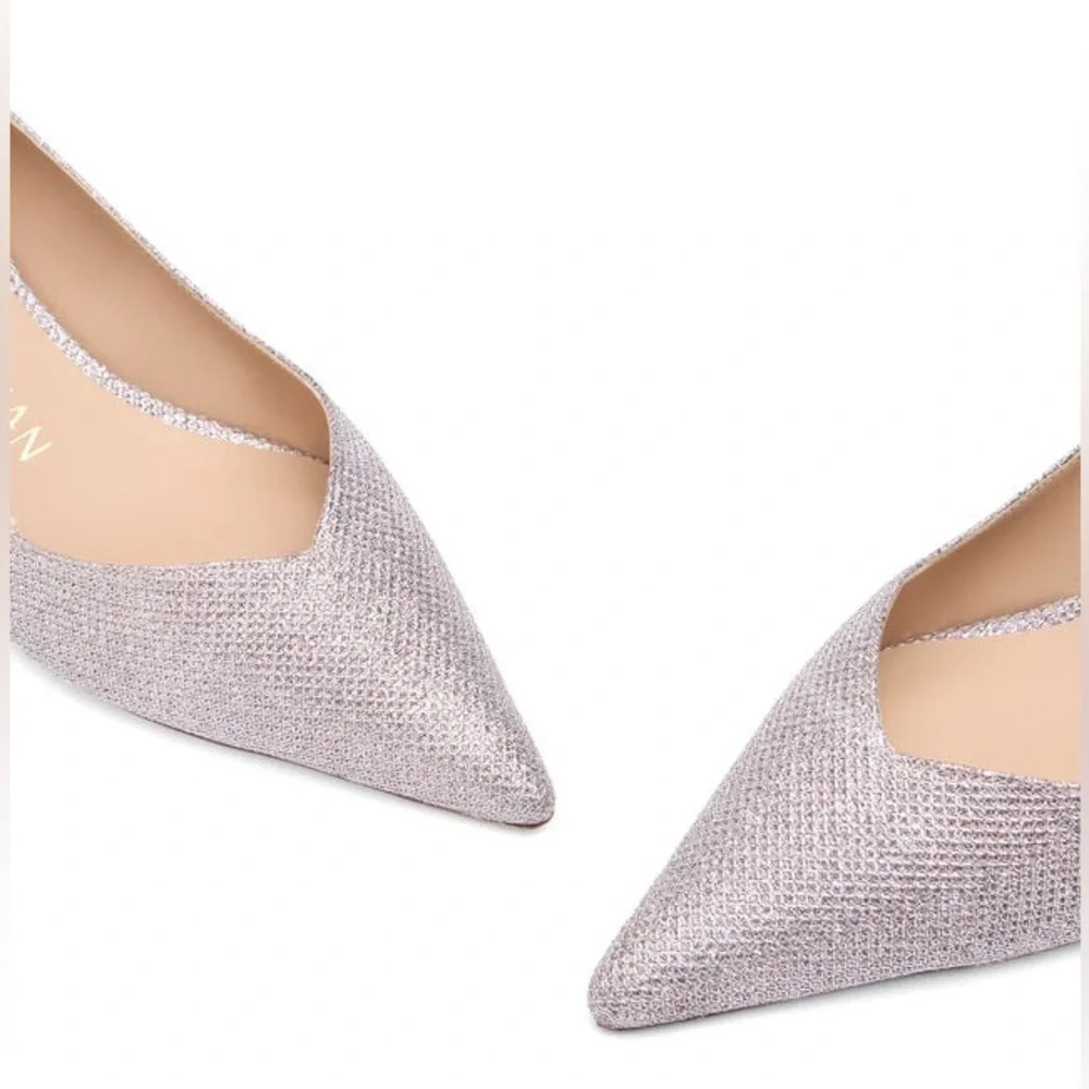 Stuart Weitzman Eva 35 Kitten Heel Metallic Mesh Pump Rose Pink Pointed Toe 6B
